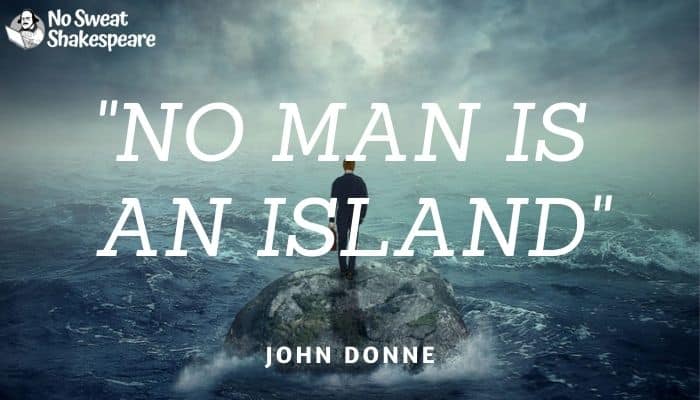 no man is an island quote with man standing on rock in water